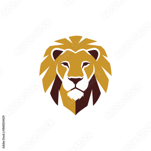 Majestic lion head logo design with golden mane and fierce expression, perfect for branding.
