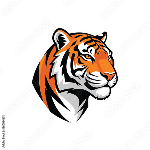 Majestic tiger head portrait showcasing vibrant orange and black stripes, intense gaze.
