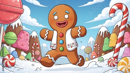 Cartoon Gingerbread Man Running Through a Winter Candy Land with Lollipops and Candy Canes