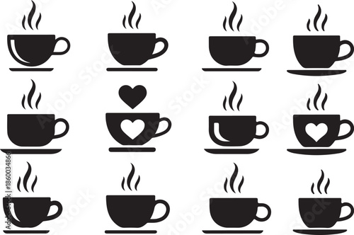 Coffee mug and tea cup vector icon set. Tea or coffee cups icons. Black silhouette collection with steam and heart symbols for cafe logo, coffee shop branding, menu design or hot drink element. 