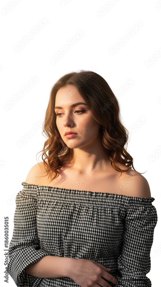 Fototapeta premium Elegant Young Woman with Wavy Brown Hair Wearing Off shoulder Checkered Dress
