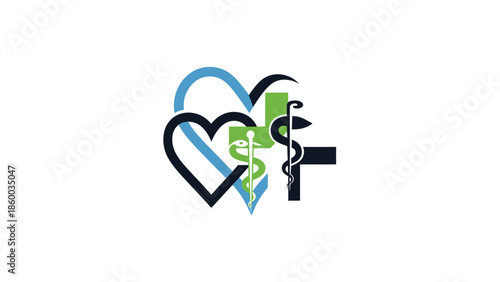 Medical healthcare symbol with heart and caduceus for wellness and treatment.