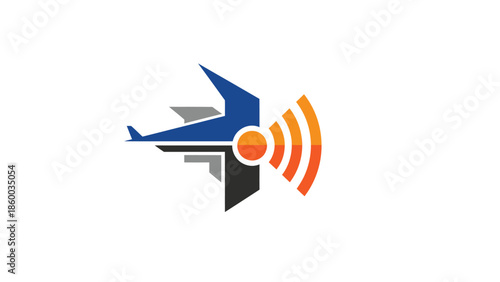 Modern airplane logo design with signal waves for aviation and communication.