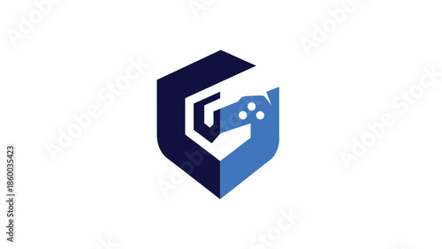 Modern gaming logo design with a shield and a game controller, perfect for esports.