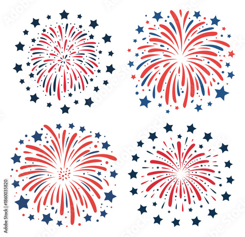 Fireworks Exploding with Red White and Blue Streaks and Stars Vectot on a White Background