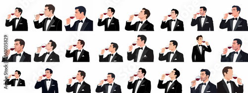 Elegant men in black tie savoring red wine, a collection of vector illustrations depicting different tasting poses and sophisticated beverage enjoyment.
