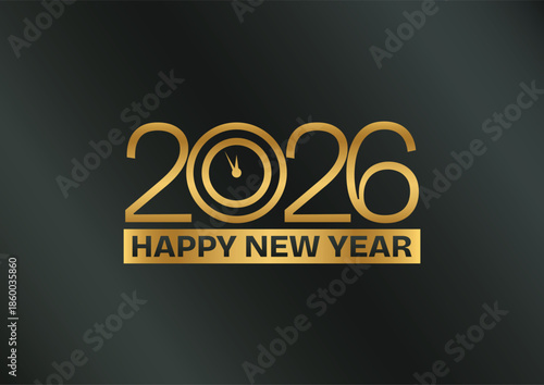 Happy New Year 2026 Luxury Golden Typography with Clock Element
