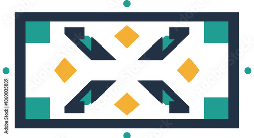 Abstract geometric rug design with vibrant colors and symmetrical patterns.