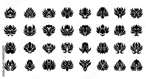 Collection of abstract black and white ornamental shapes.