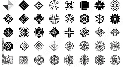 Collection of diverse geometric abstract shapes and patterns.