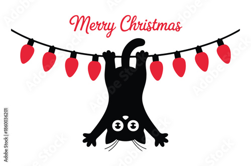 Black Cat Hanging Upside Down from Christmas Lights Vectot on a White Background