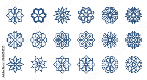 Collection of intricate blue geometric snowflake and mandala designs.