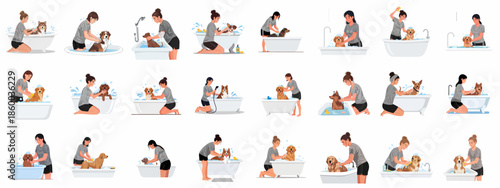 Happy dog bathing routine collection: Woman washing various breeds in a tub with shampoo and bubbles, illustrating pet care and hygiene.
