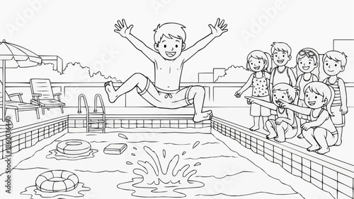 Children's coloring book - Boy jumping into swimming pool while friends watch and cheer  