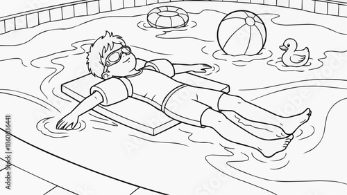 Children's coloring book - A boy learns to stand on his back in a pool with colorful toys  