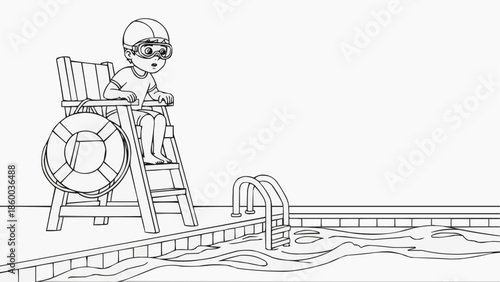 Children's coloring book - The child sits on the coach's chair and watches what is happening in the pool
