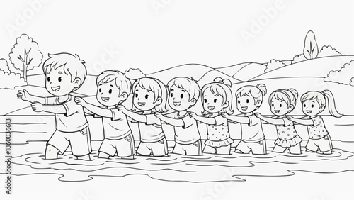 Children's coloring book - Children play a steam train in the water on the beach