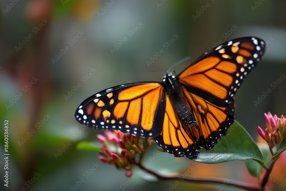 Naklejka premium Beautiful monarch butterfly perched on vibrant flowers in a lush garden, showcasing its striking orange and black colors in lively detail