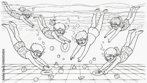 Children's coloring book - Children dive underwater for colorful toys
