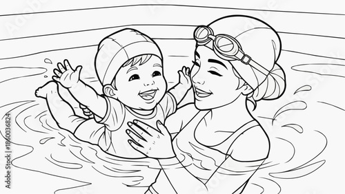 Children's coloring book - Mom teaches baby to swim in the pool
