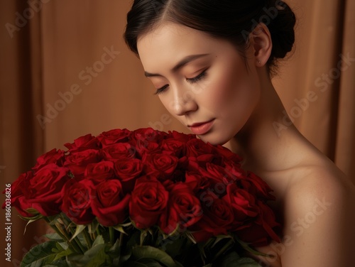 Woman admiring bouquet of red roses