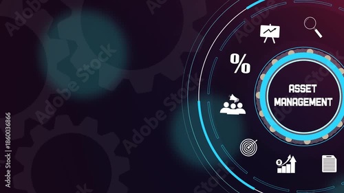 Asset management concept on digital futuristic interface with abstract gear wheels and business icons