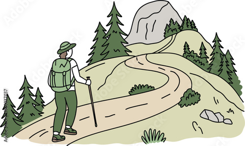 Hiker walking on mountain trail vector illustration, hand drawn person with backpack and trekking pole in nature landscape with pine trees