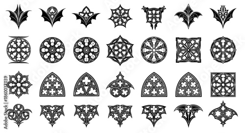 Gothic Rose Window and Architectural Ornament Vector Set.