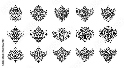 Intricate black and white lotus flower and eye designs.