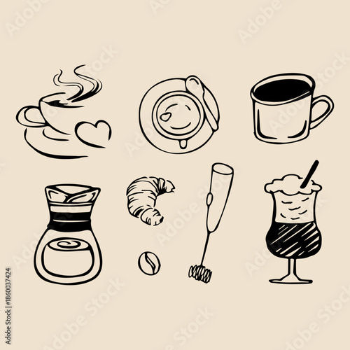 Hand drawn doodle sketch for coffee shop beverage and breakfast collection. Barista work for drink menu. Outline vector illustration