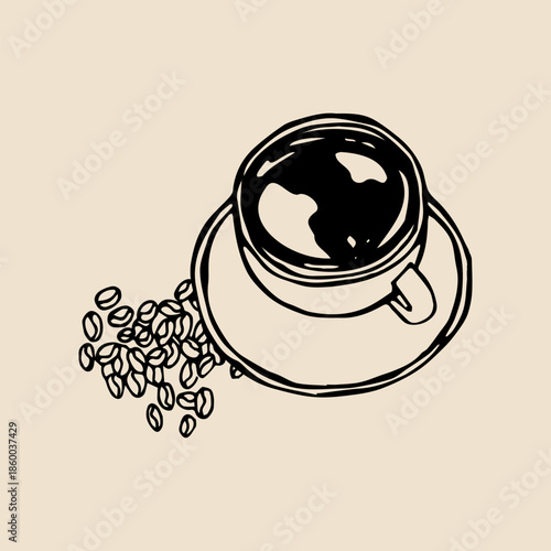 Doodled cup of coffee with scattered beans on a saucer. Hand drawn vector illustration for cafe menu, poster, banner, print design