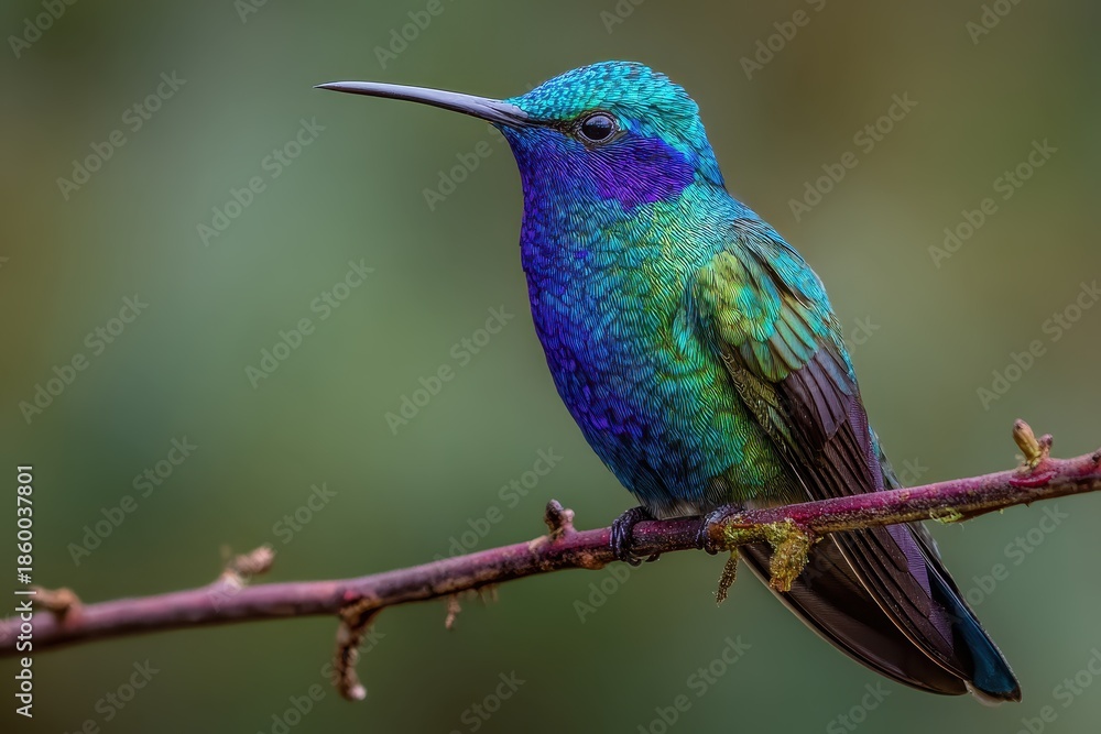 Fototapeta premium Sparkling violetear perched on a branch against a soft background showcasing its vibrant plumage and iridescent colors in a natural habitat