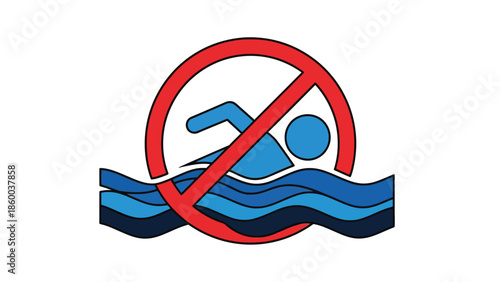 Graphic representation of a swimming prohibition sign featuring a blue stylized swimmer icon crossed out by a thick red circle indicating no entry or danger in water areas