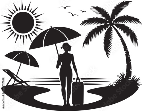 Woman on beach vacation with umbrella and suitcase silhouette