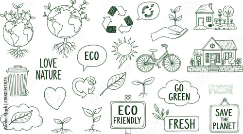 Eco-Friendly Icon Set Featuring Nature, Recycling, Sustainability, Green Living, and Environmental Awareness in Black and White