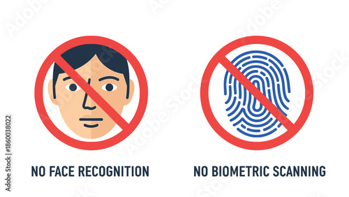 Graphic illustration depicting a prohibition against the use of face recognition technology alongside a separate symbol indicating no biometric scanning is permitted for security or privacy reasons