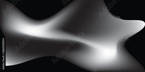 Abstract flowing white and gray gradient shape on a black background, creating a smooth, ethereal, and dynamic visual effect.