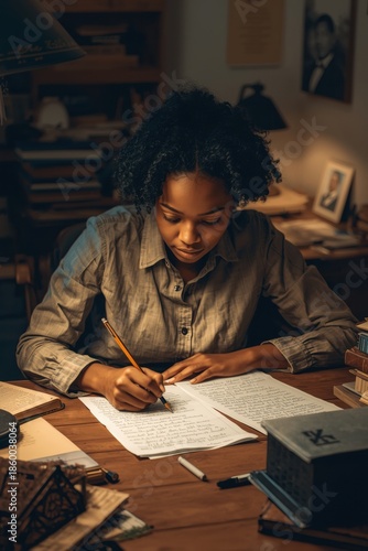 Young woman studying in cozy library