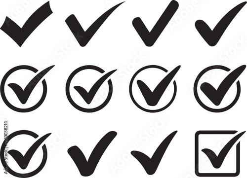 Collection of various checkmark and tick icons on white
