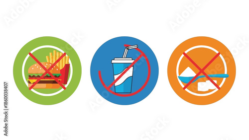 Illustration showing prohibited unhealthy food items including fast food soda and refined sugar representing common dietary restrictions for better wellness