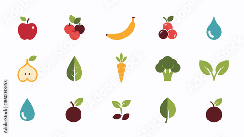 Assorted Fruits and Vegetables Icons Set.