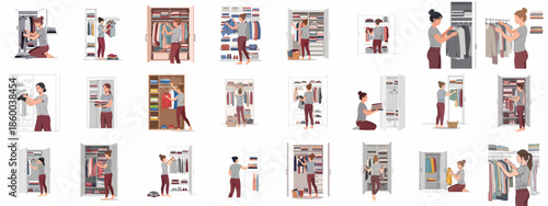 Collection of illustrations showing women organizing, folding, and hanging clothes in various wardrobes, demonstrating efficient storage and home organization tasks.