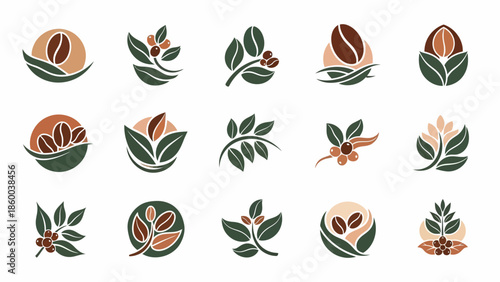 Coffee Bean Illustrations with Leaves and Twigs.
