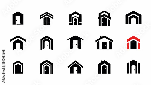Collection of house icons with one red.