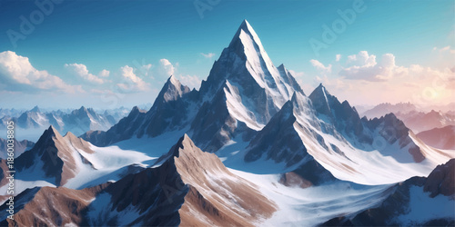 Dramatic brown mountain peaks with sharp ridges and bold contrasts in stylized landscape