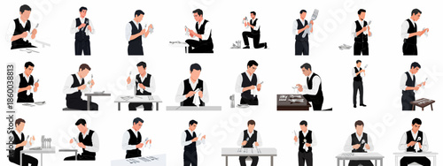 Waiter Polishing Silverware Set: Vector Illustration Collection of a Professional Server Preparing Cutlery for Fine Dining Service Duties.