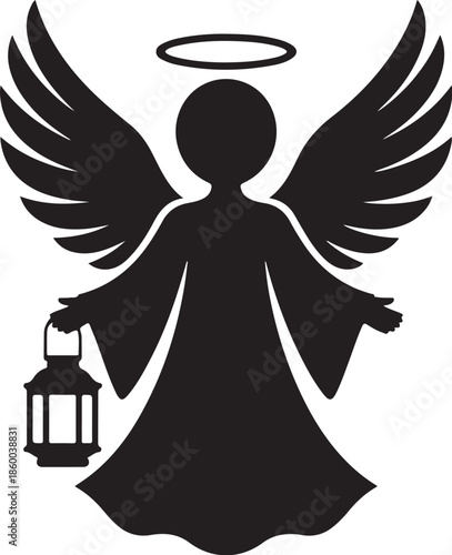Black silhouette of angel with lantern and halo symbol