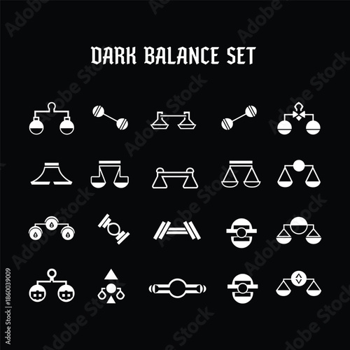 Minimalist balance scale icons and futuristic equilibrium symbols for y2k streetwear apparel