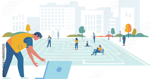 Smart city urban plaza vector illustration, people in public square with maze pattern and modern cityscape background in flat design