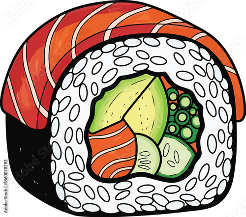 Setsuban,Hand Drawn Illustration of Salmon Sushi Roll with Avocado and Rice.